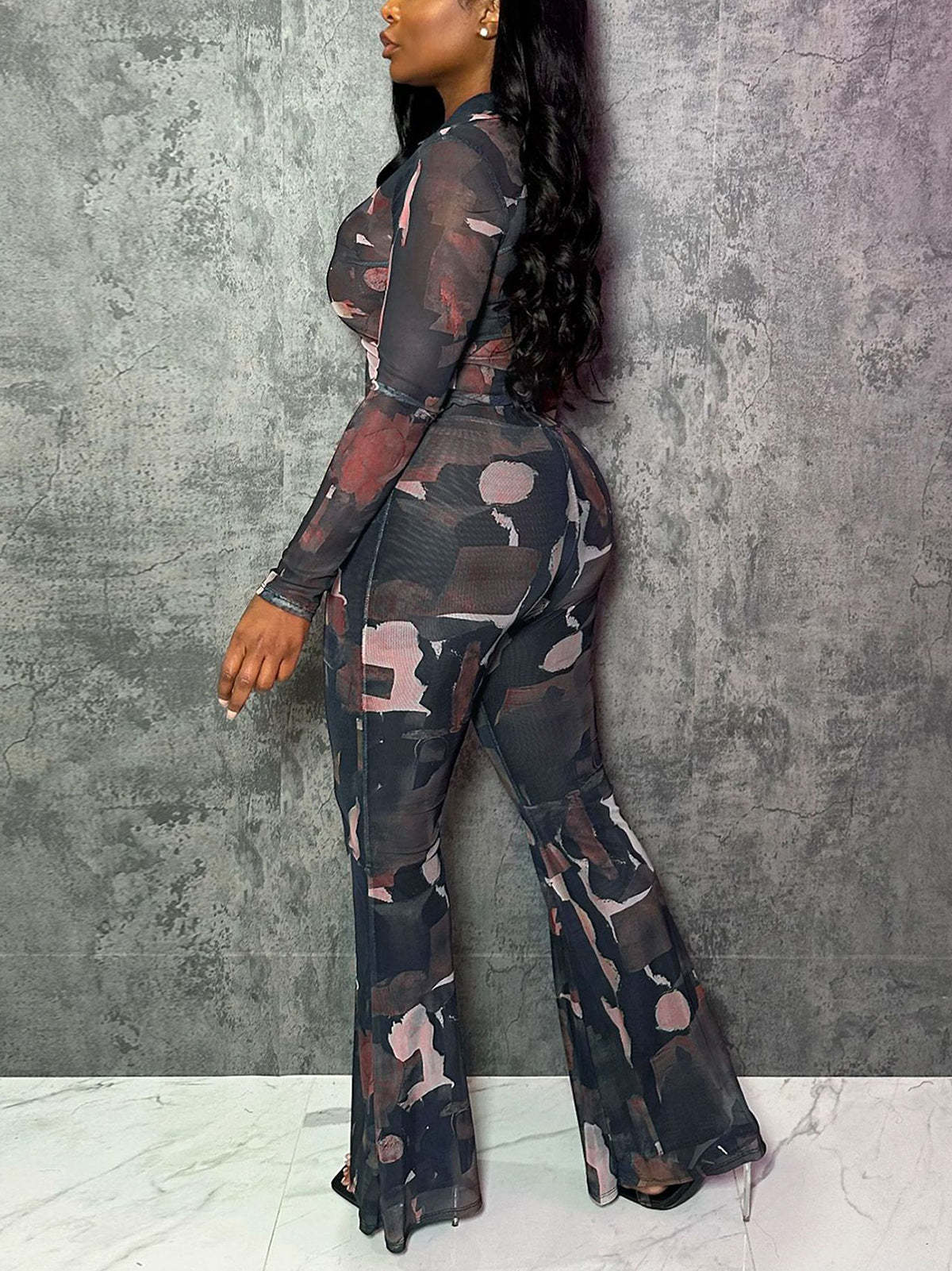 Two Piece Mesh Print Shirt Pants Set