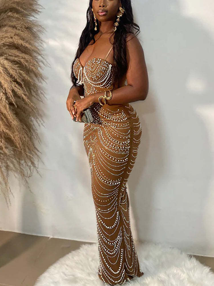 Strappy Rhinestone Mesh Maxi Dress