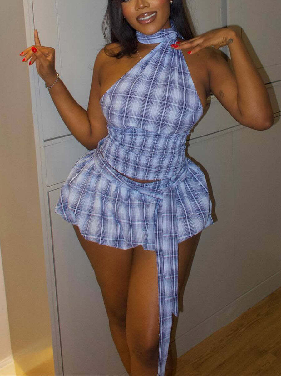 Plaid Halter Neck Pleated Skirt Set