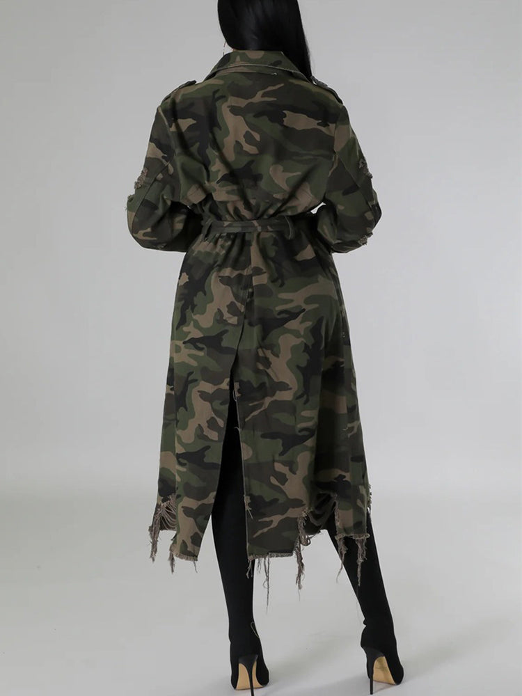 Distressed Camouflage Long Trench Coat