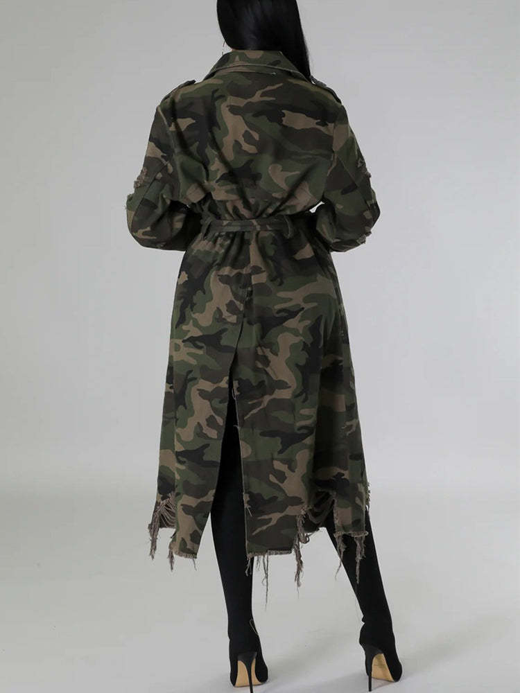 Distressed Camouflage Long Trench Coat