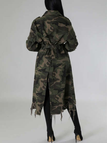 Distressed Camouflage Long Trench Coat