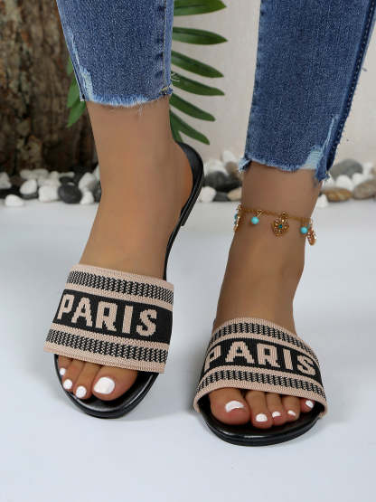 Paris Letter Knit Band Slide Sandals