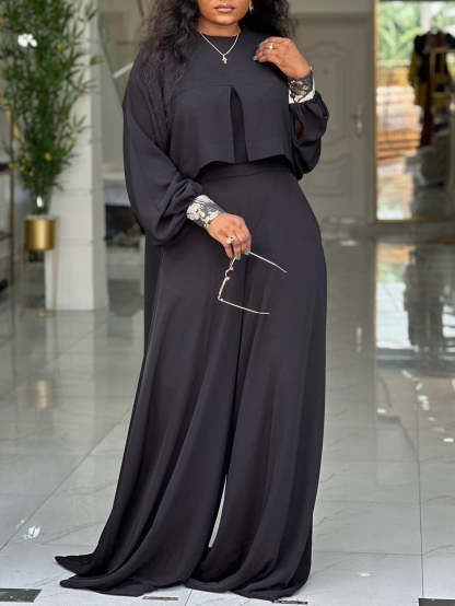 Plus Size Lantern Sleeve Wide Leg Pants Set