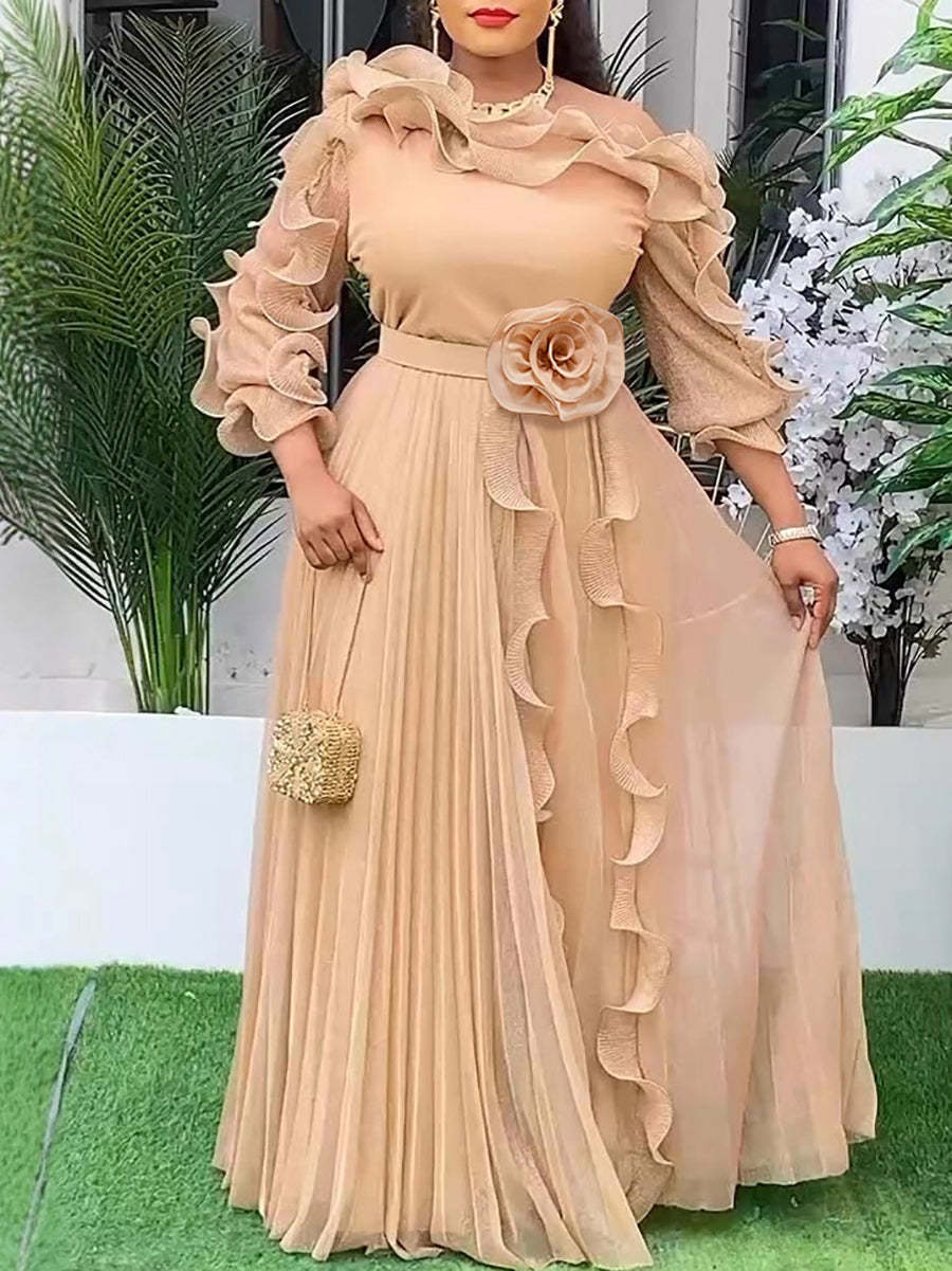 Elegant Ruffle Off-Shoulder Pleated Maxi Dress | Wedding & Party Dress