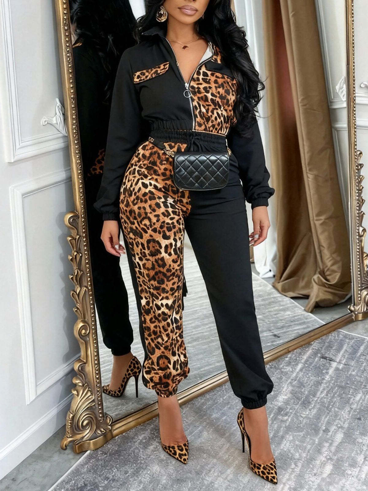 Two Pieces Leopard Patchwork Pants Set