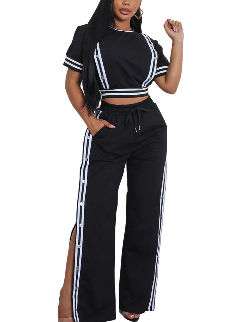 Side Stripe Wide-Leg Pants Set | Casual 2-Piece Outfit for Women