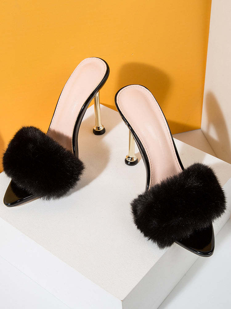 Faux Rabbit Fur Stiletto High Heel Sandals