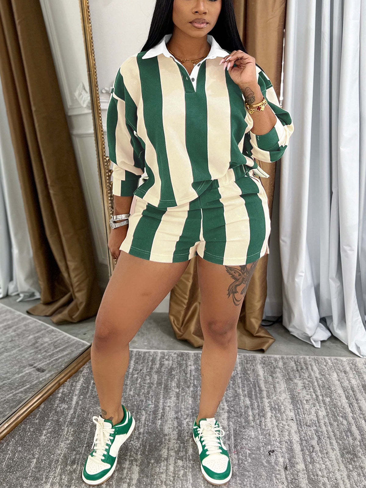 Striped Polo Crop Top Shorts Set