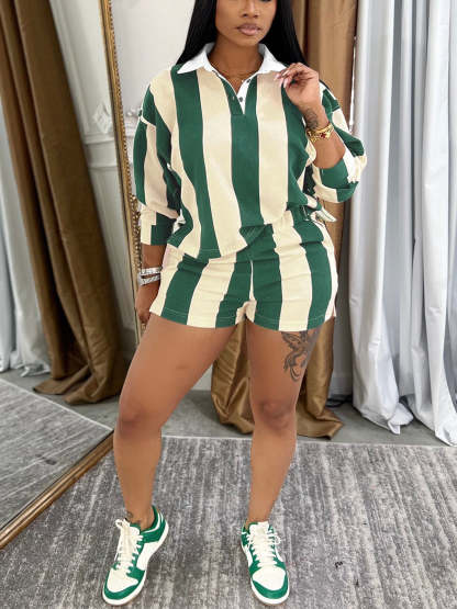 Striped Polo Crop Top Shorts Set