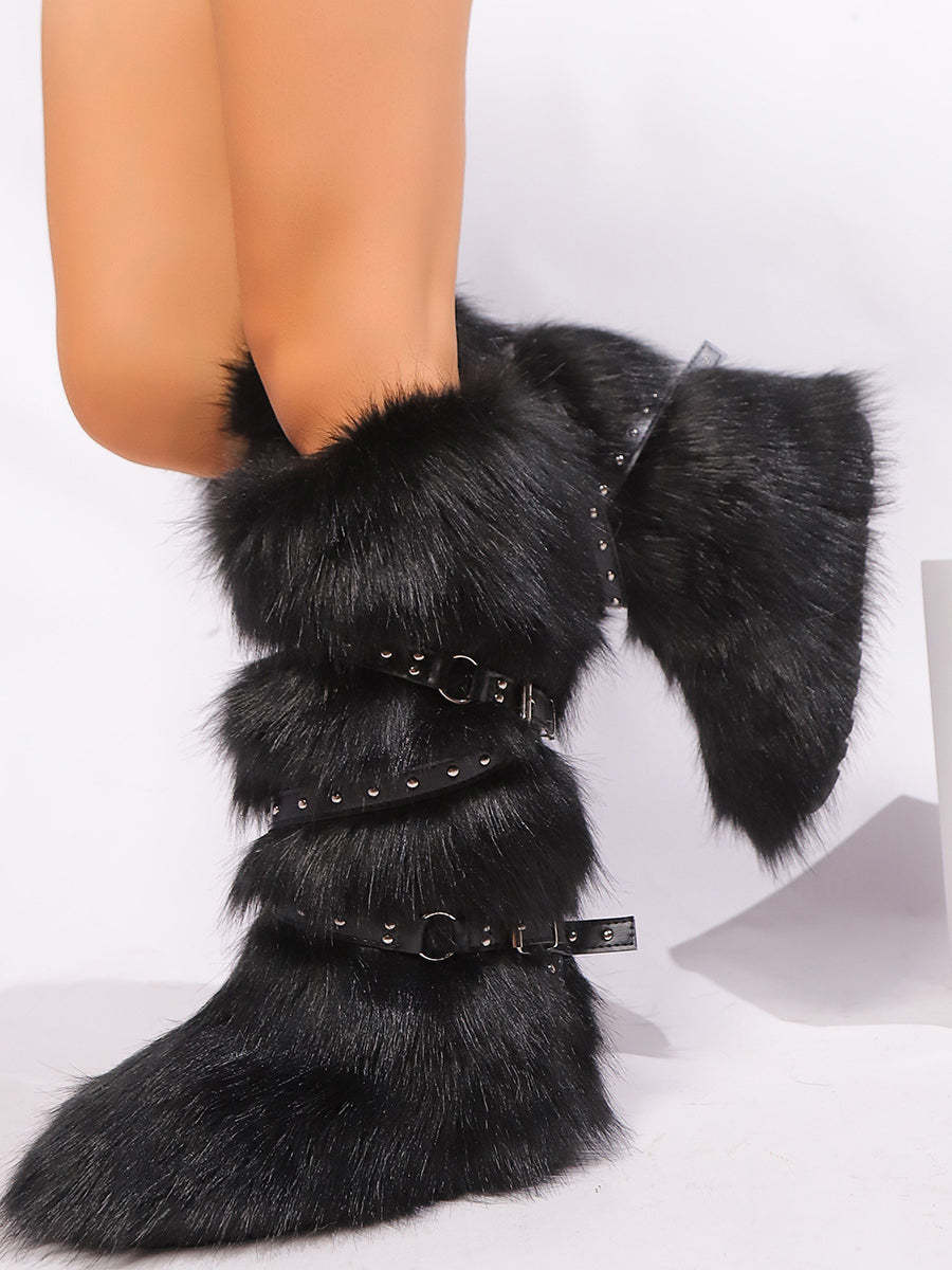 Y2K Faux Fur Cross Strap Buckle Boots
