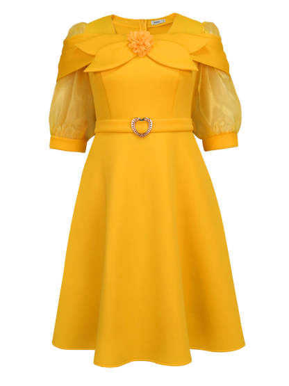 Bow Tie Sheer Lantern Sleeve Party A-Line Dress