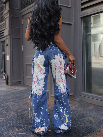 Strapless Color Paint Cargo Denim Jumpsuit