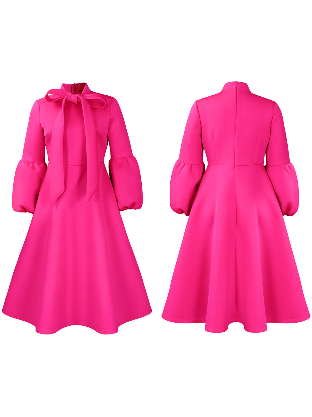 Puff Sleeve Bow-Tie Neck Flared Midi Dress