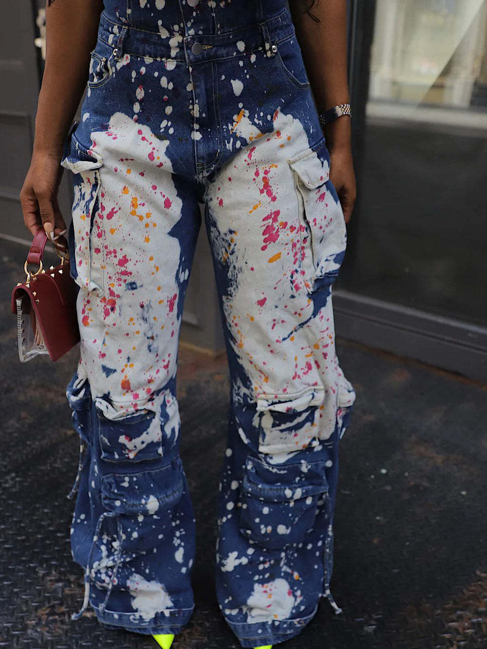 Strapless Color Paint Cargo Denim Jumpsuit