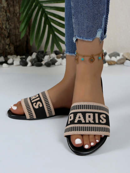 Paris Letter Knit Band Slide Sandals