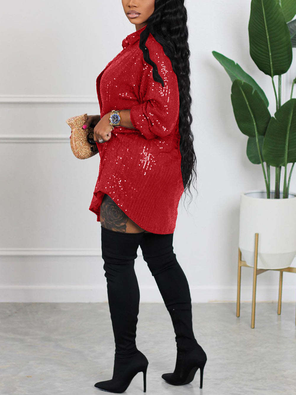 Sequins Long Sleeve Shirts Mini Dress