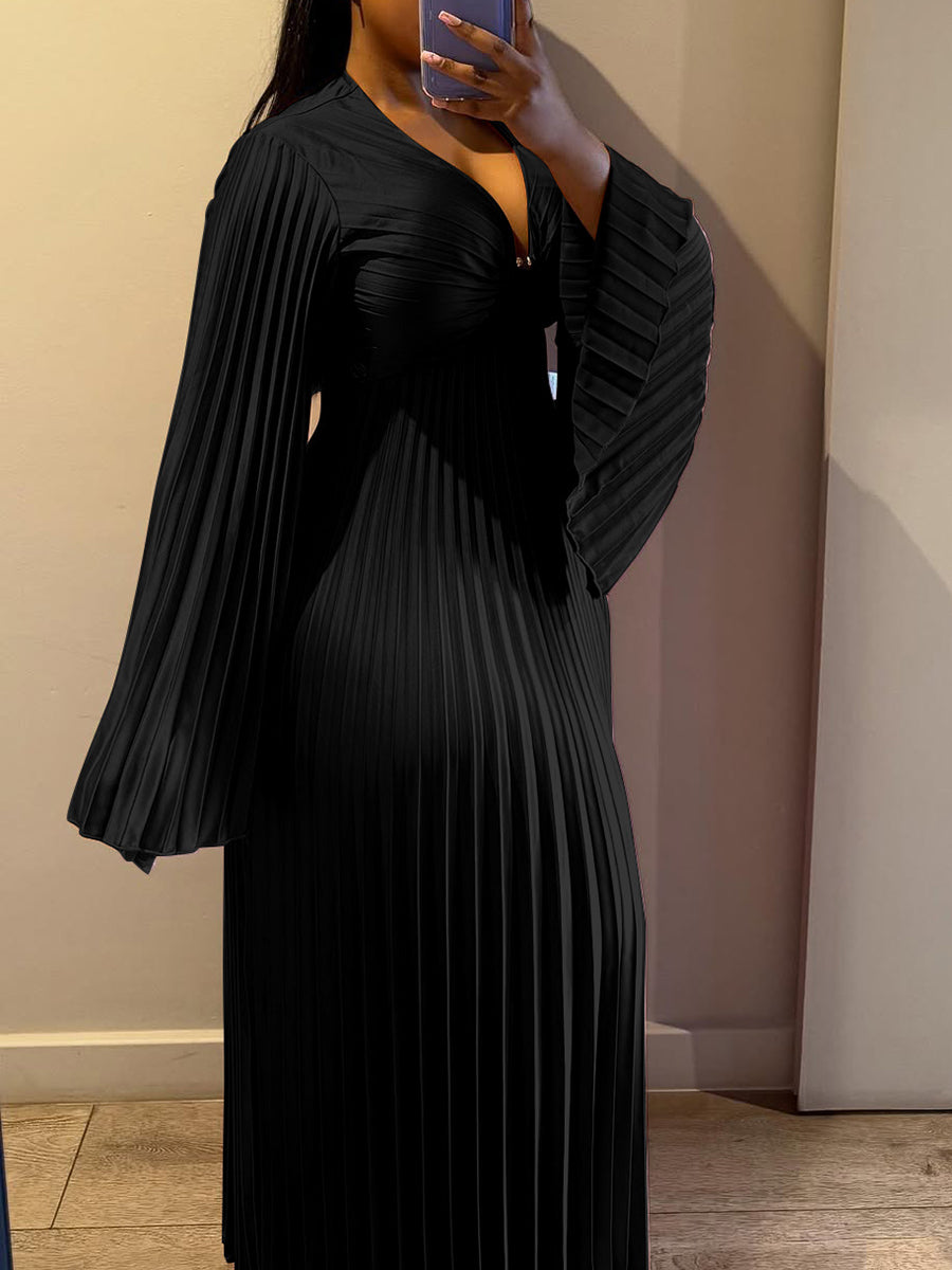 Chiffon V-Neck Pleated Maxi Dress