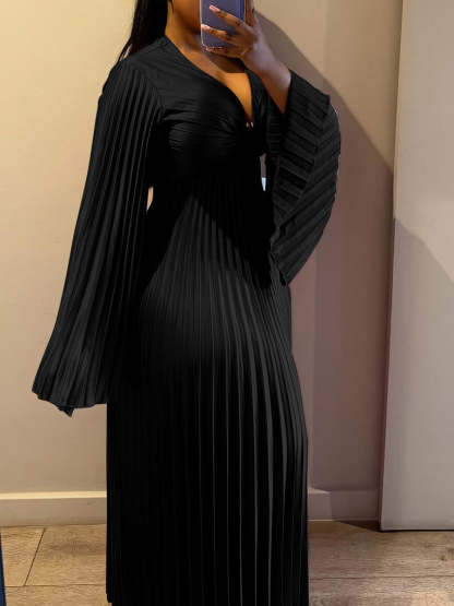 Chiffon V-Neck Pleated Maxi Dress