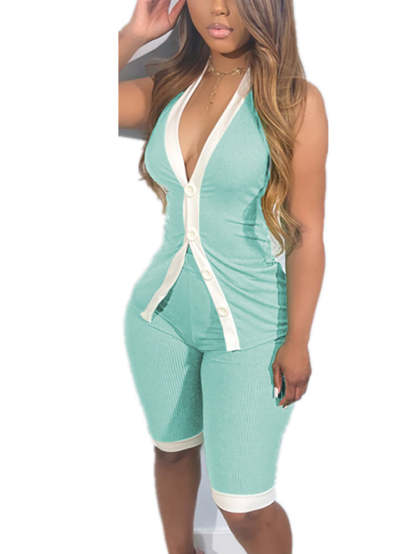 Button Down Tank Crop Top Shorts Sets