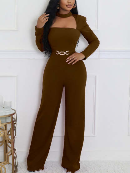 Long Sleeve Choker Waist Chain Jumpsuit