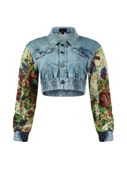 Printed Color Block Denim Jacket Jeans Set