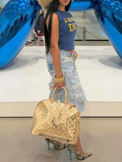 Asymmetrical Distressed Denim Capri Pants