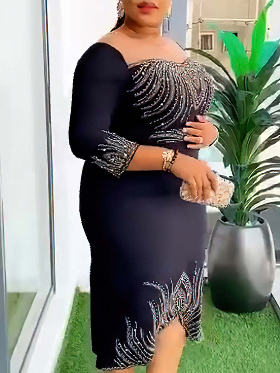 Mid-Sleeve Beaded & Rhinestone Party Dress