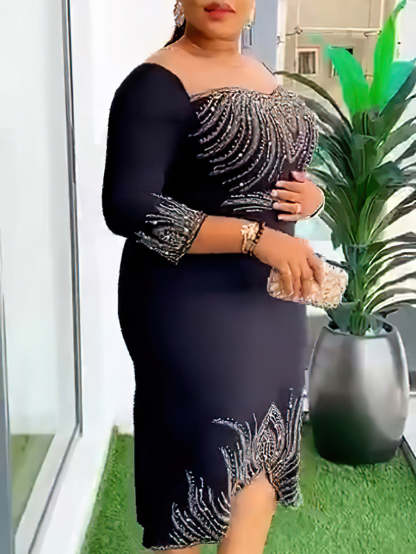 Mid-Sleeve Beaded & Rhinestone Party Dress