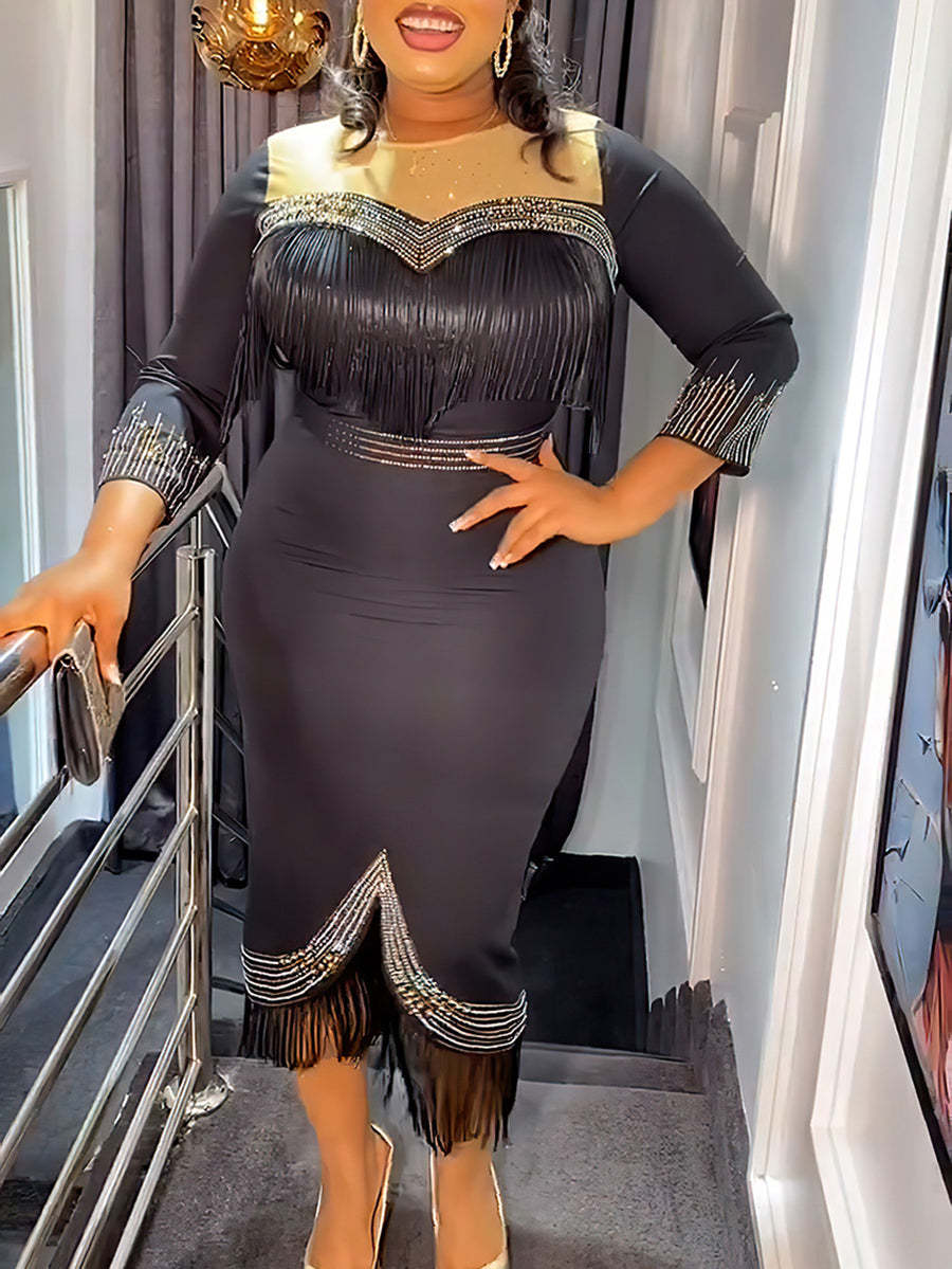 Plus Size Rhinestone Fringe Dress