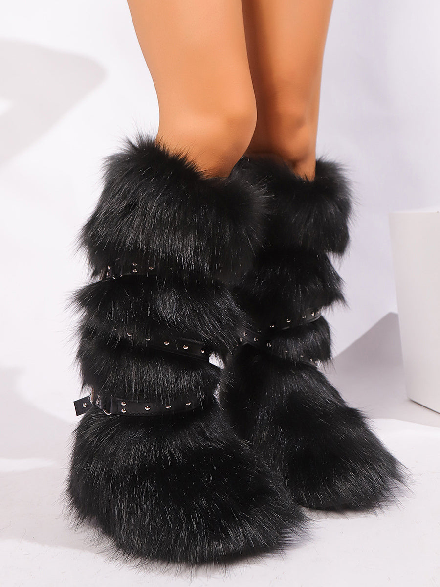 Y2K Faux Fur Cross Strap Buckle Boots