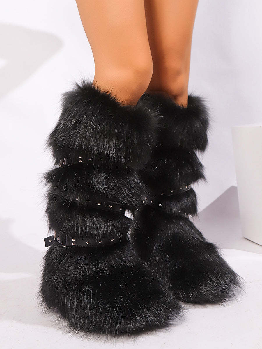 Y2K Faux Fur Cross Strap Buckle Boots