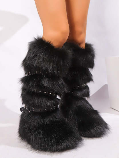 Y2K Faux Fur Cross Strap Buckle Boots
