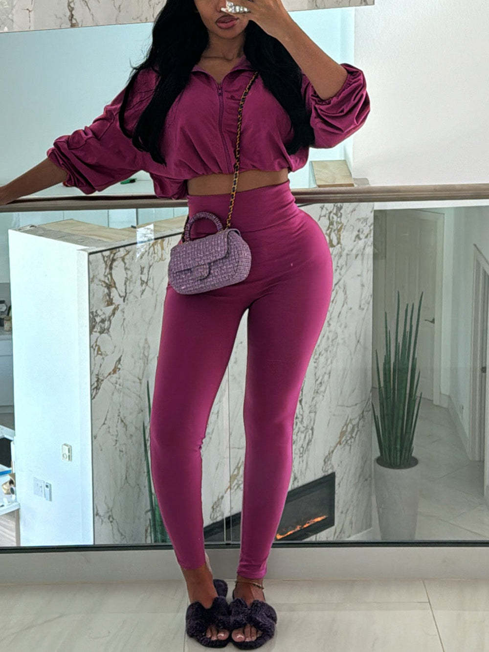 2 Piece Zip Up Crop Jacket  Pants Sets