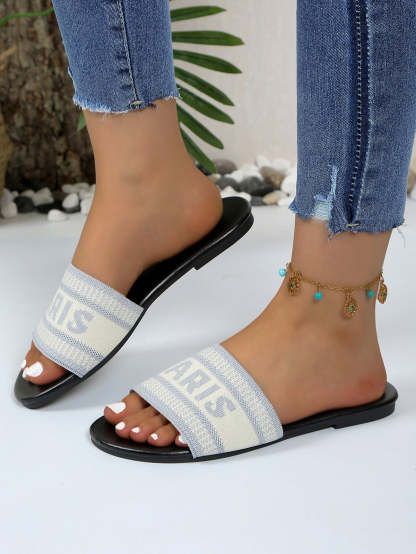 Paris Letter Knit Band Slide Sandals