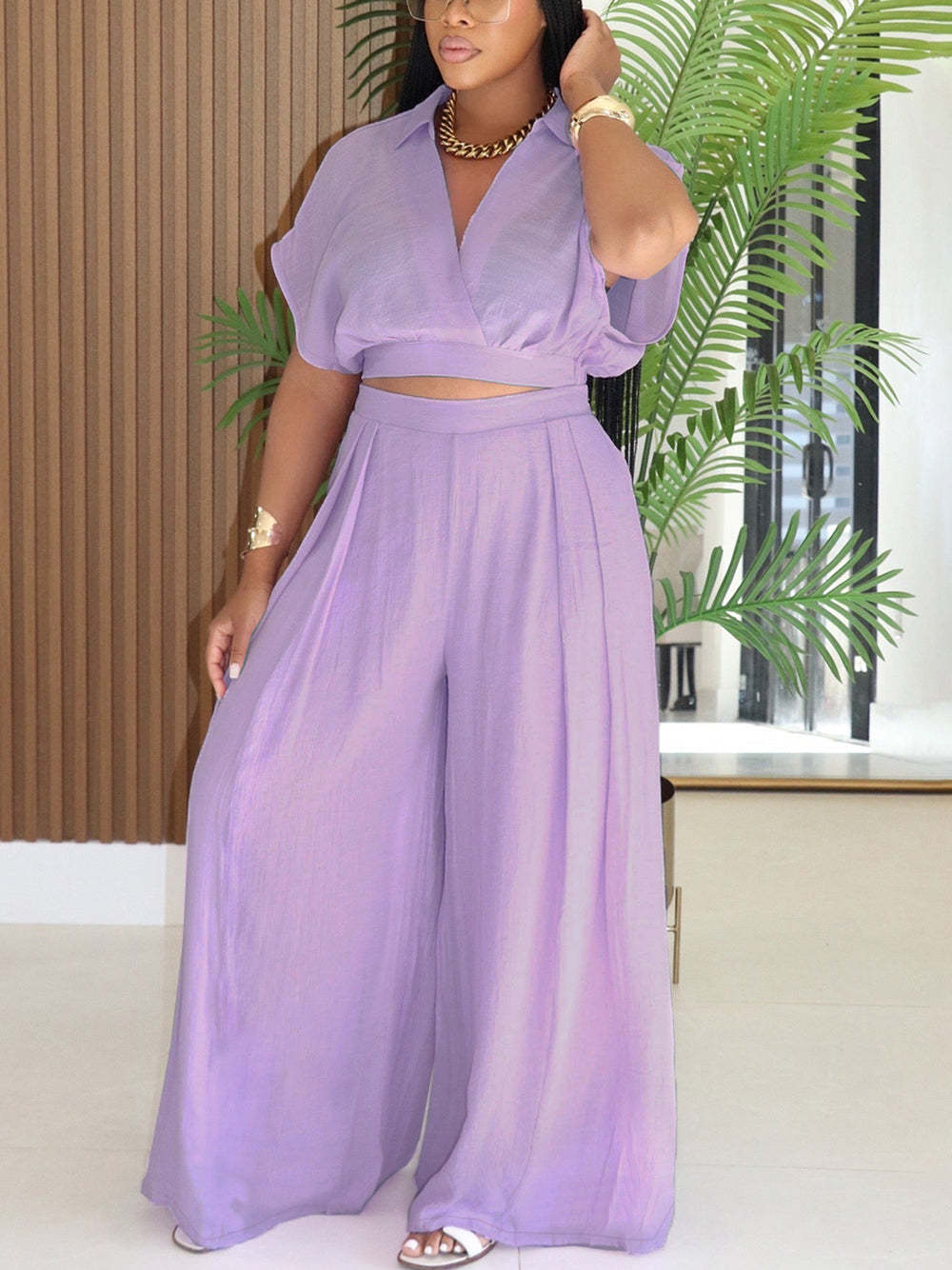 Solid Color Top Wide-Leg Pants Set