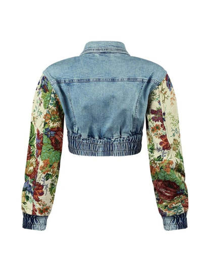 Printed Color Block Denim Jacket Jeans Set