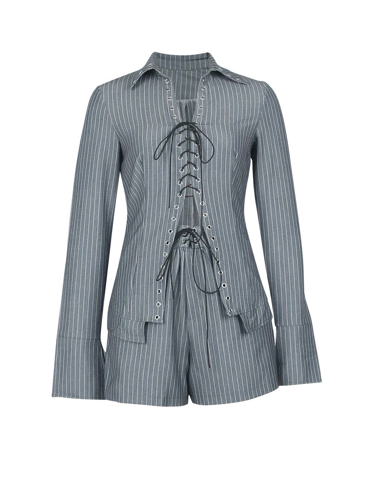 Striped Lace-Up Shirt Shorts Set