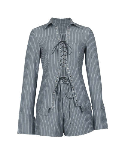 Striped Lace-Up Shirt Shorts Set