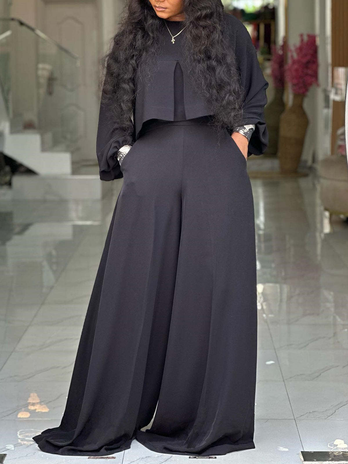 Plus Size Lantern Sleeve Wide Leg Pants Set