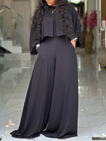 Plus Size Lantern Sleeve Wide Leg Pants Set