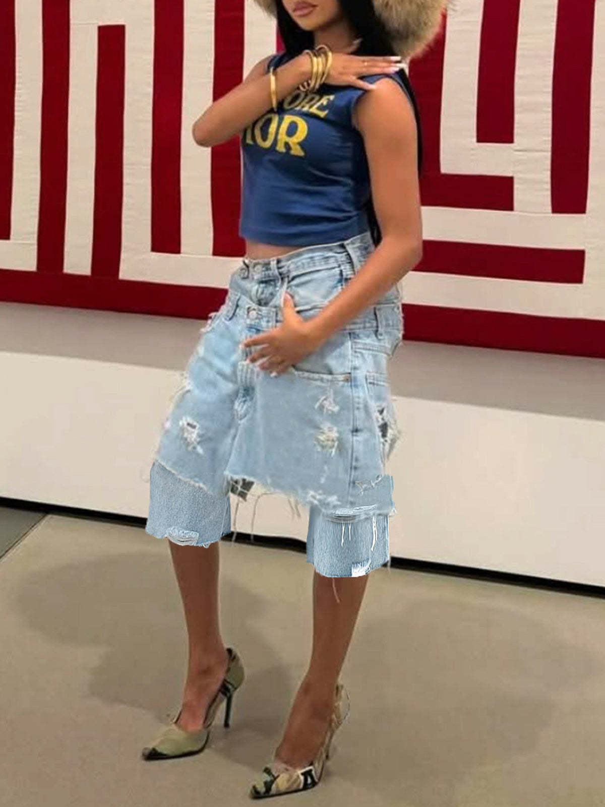 Asymmetrical Distressed Denim Capri Pants