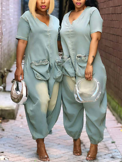 Pockets Bagged Denim Jumpsuit