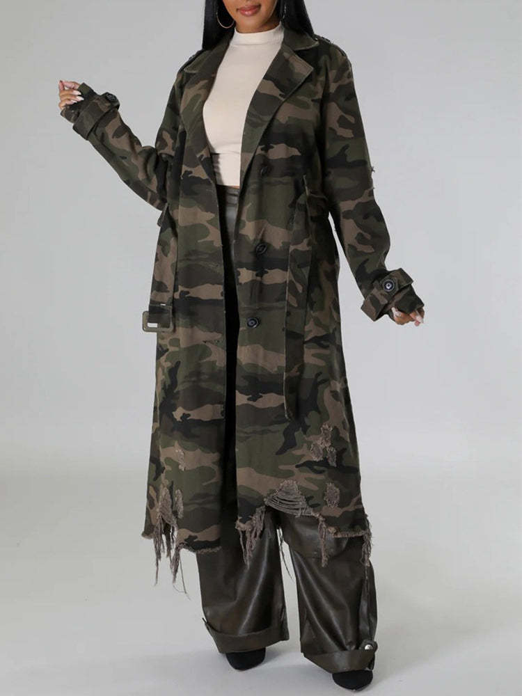 Distressed Camouflage Long Trench Coat