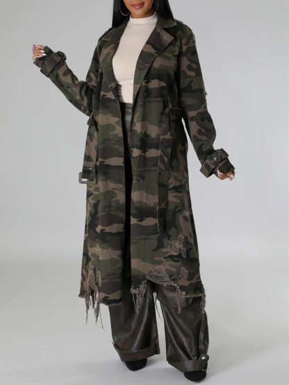 Distressed Camouflage Long Trench Coat