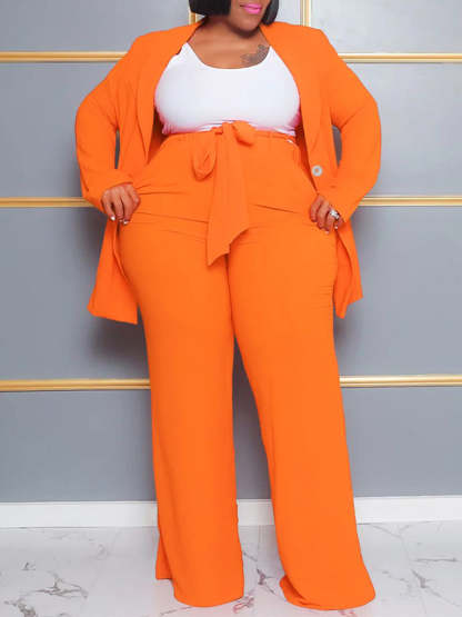 Plus Size Belted Blazer Pants Set