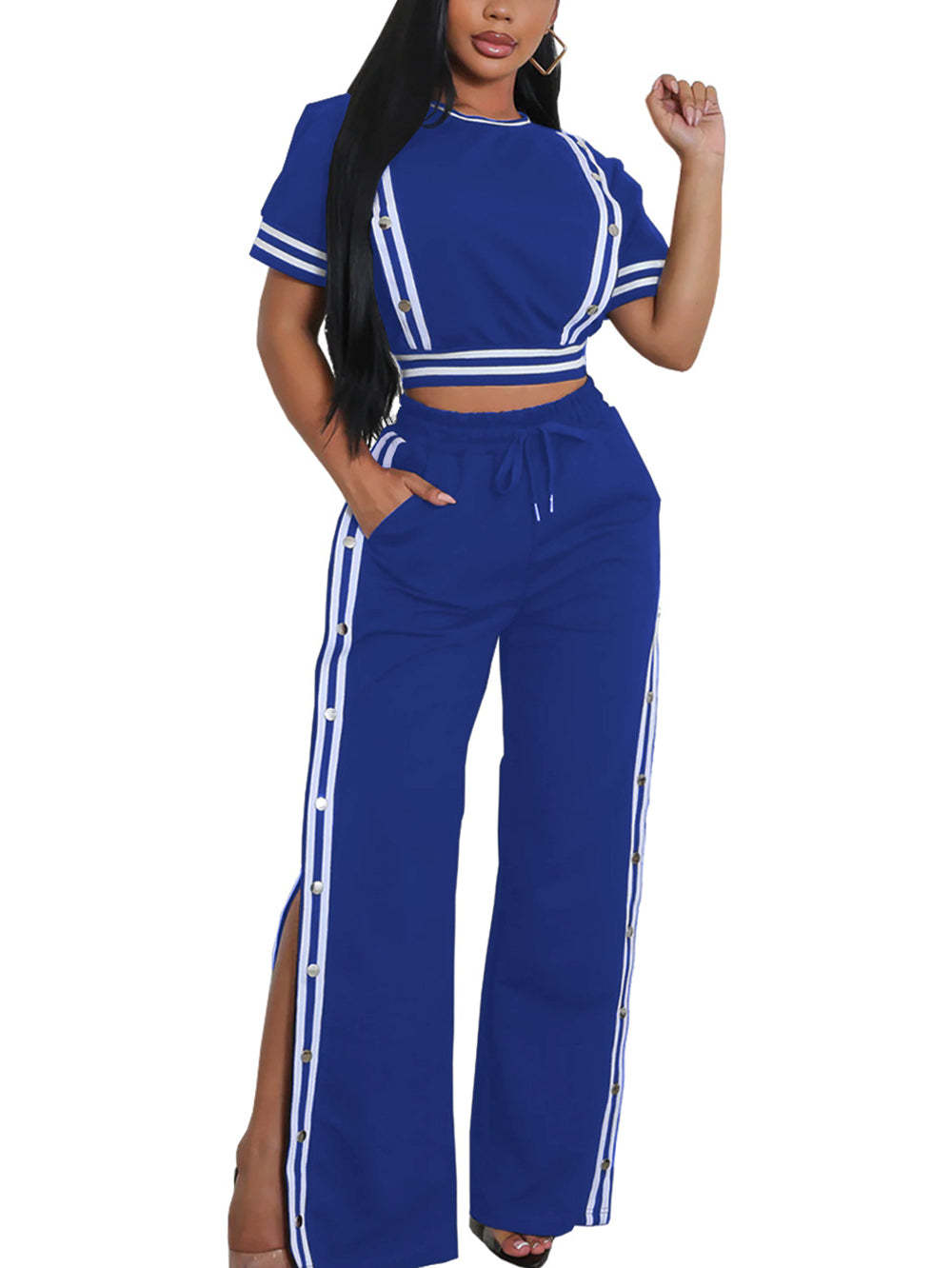 Two Pieces Side Stripe Top Split Wide-Leg Pants