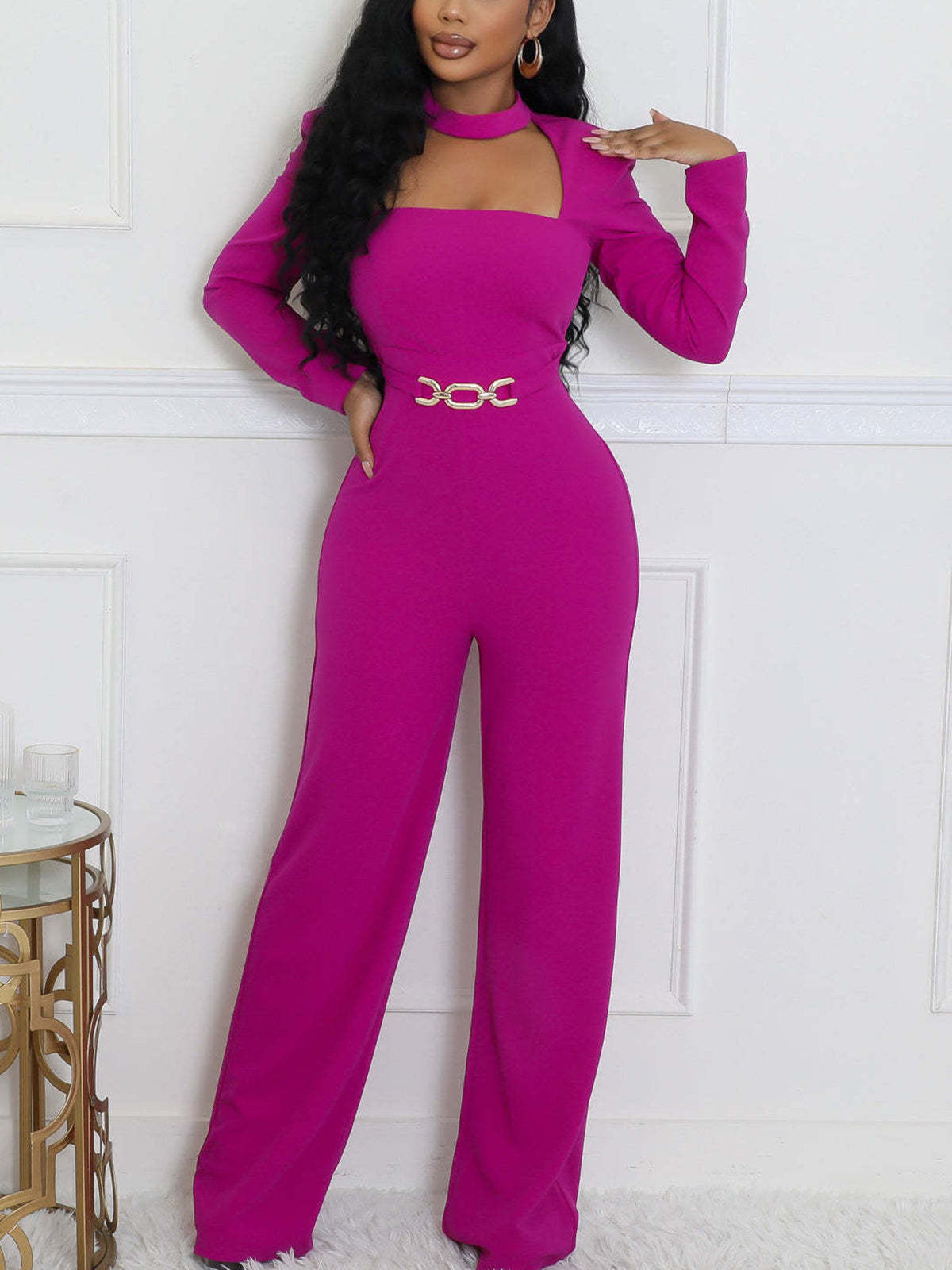 Long Sleeve Choker Waist Chain Jumpsuit