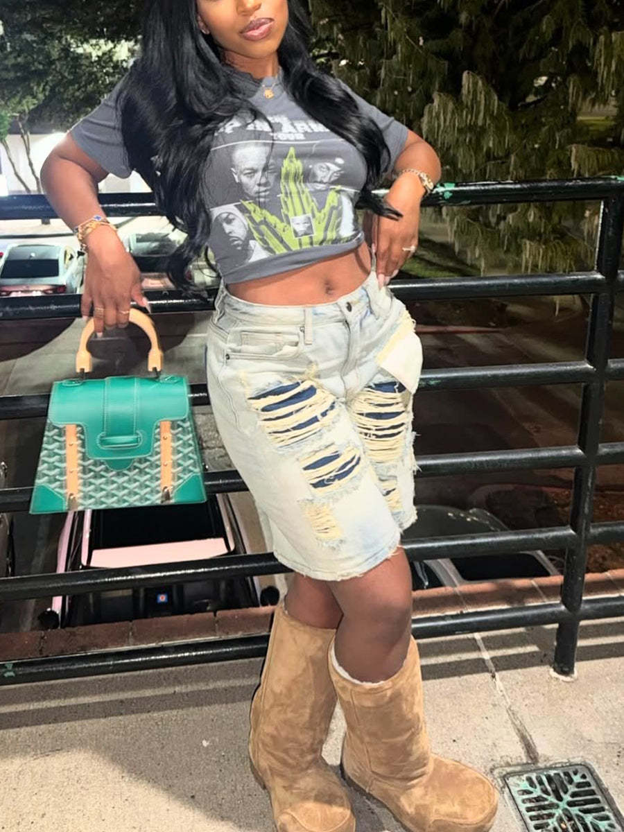 Distressed Patchwork Denim Shorts