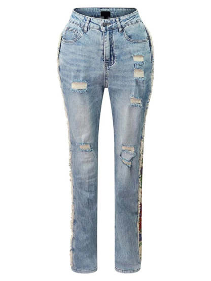 Printed Color Block Denim Jacket Jeans Set